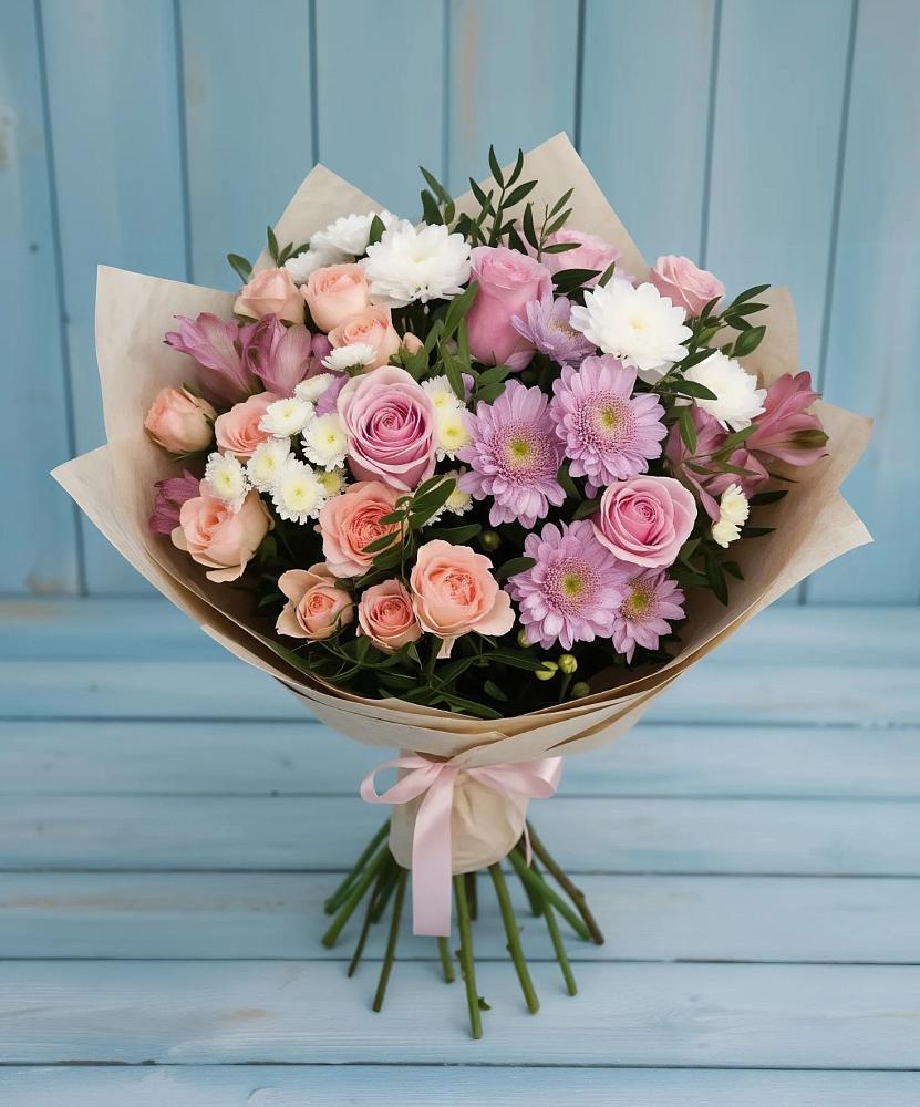 Букет цветов из: Хризантемы, Розы и Альстромерии в Боковской