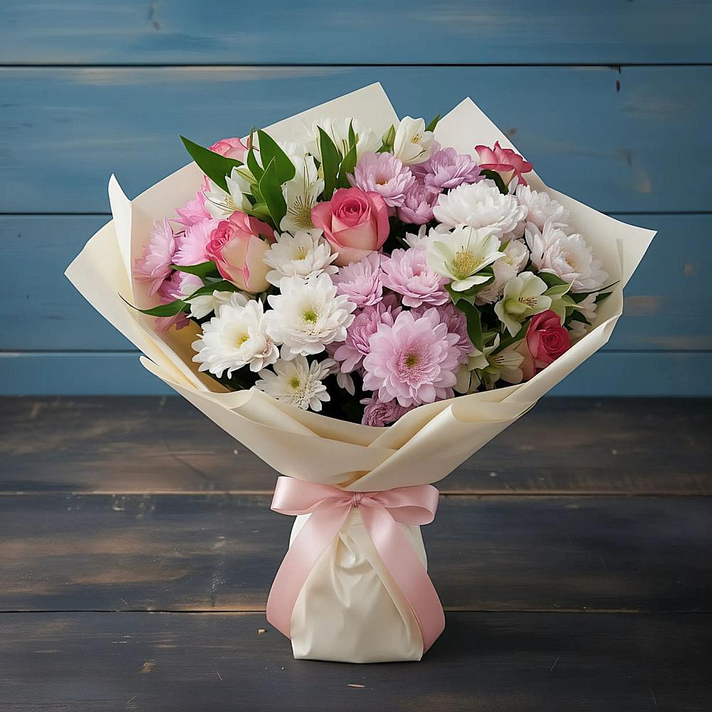 Букет цветов из: Хризантемы, Альстромерии и Розы в Боковской